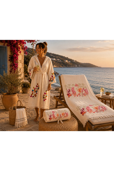 DORA COLLECTİON MUĞLA Çiçek desenli müslin bornoz peştemal set