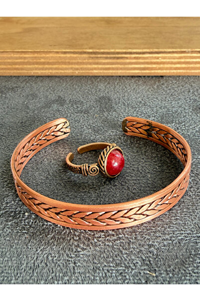 Rupen Kraft Handcrafted copper bracelet and natural stone ring set, adjustabl...