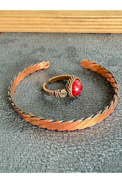 Rupen Kraft Handcrafted copper bracelet and natural stone ring set, adjustabl...