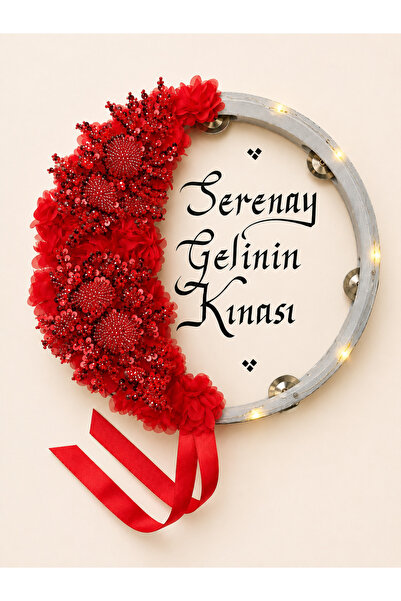 ELYNA Kırmızı Ledli Gelin Defi, Boncuklu Çiçekli 32cm, Kına Düğün Sünnet Düğü...