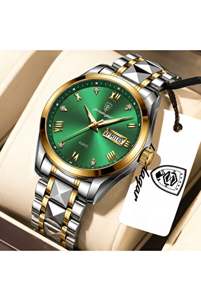 POEDAGAR Steel Band Emerald Green Dial Men's Wristwatch