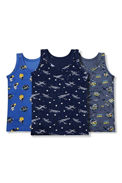 YILDIZ Boys' Lycra Undershirt with Space Pattern, Pack of 3