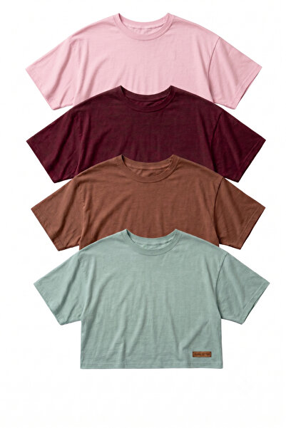FHELIA Women's 4-Pack Cotton Breathable Fabric Crew Neck Oversize Basic Crop ...