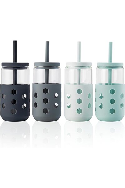 INSFIT Glass Cups with Silicone Lids and Straws (4 Pcs), 473ml Drinking Glass...
