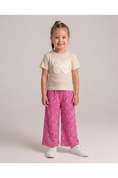 Ege Bebek Girl's Summer Muslin Trousers and Butterfly Embroidered T-Shirt 2-P...