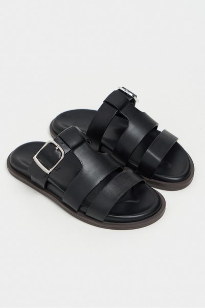NİŞANTAŞI SHOES Spirit Black Matte Belt Buckle Detailed Flat Sole Women's Slippers
