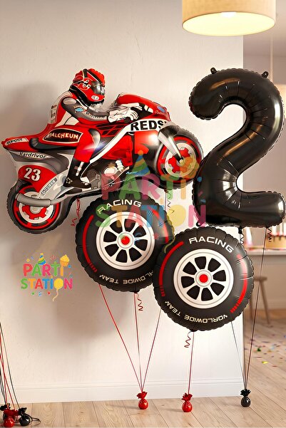 Parti Station Motorcycle Themed 1 Year Old Foil Balloon Set 4 Piece Motorcycl...