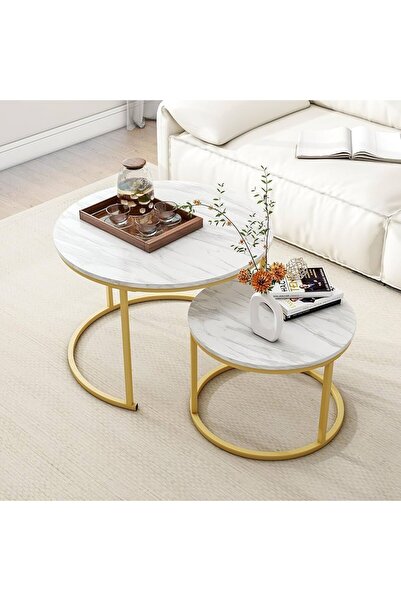 Vivendo Set 2 masute rotunde de cafea cu efect de marmura, blat MDF, cadru me...