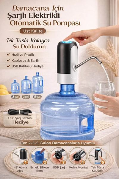 Berdina Home Şarjlı Otomatik Damacana Su Pompası USB Şarjlı Elektrikli Su Seb...