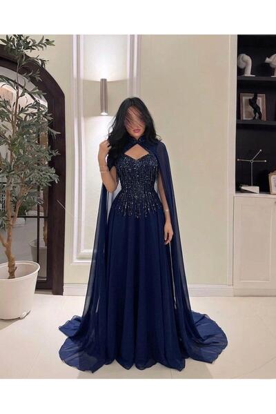led style Luxury Cape Evening Dress with Shiny Embroidery
