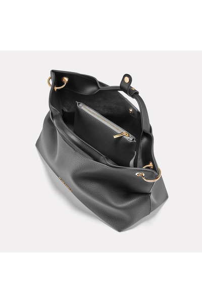 Black Ribbon Maxi Size Dark Gray Women's Handbag with Accessory Detail - Tina