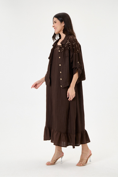 della moor Brown Italian 100% Linen Jacket with Mesh on the Shoulder and Collar 2 Piece Suit Long Linen Suit Size 38 - 44