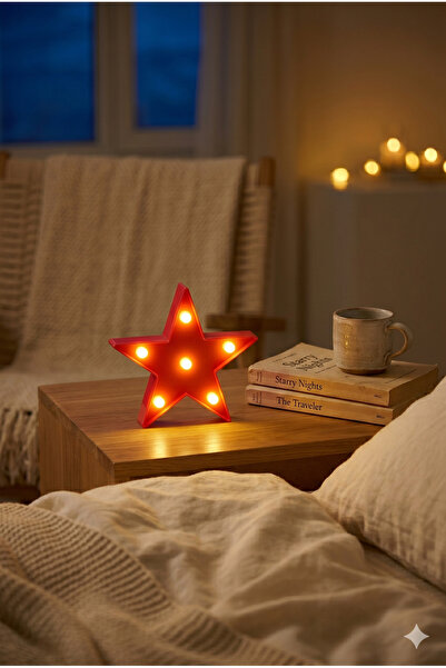 Homerest Kırmızı Yıldız Led Masa Lambası Pilli Dekoratif Çocuk Odası Gece Lam...