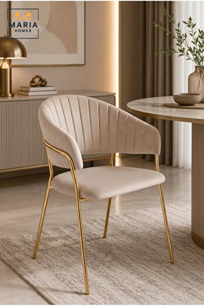 MARIA HOMES Beige Velvet Dining Chair with Gold Metal Legs – Modern Upholster...