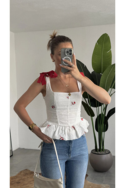 asfamoda Red Floral Embroidery Scallop Blouse Women's Tie Strap Square Neck P...