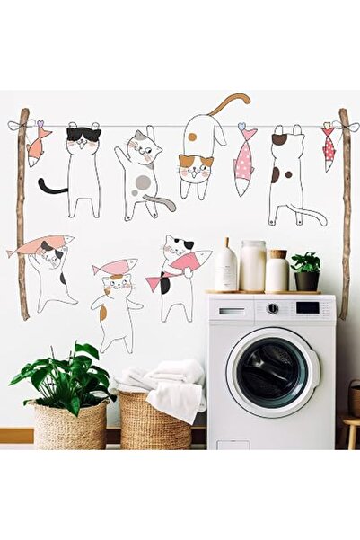 The Bros Removable Cartoon Cat Wall Stickers - Cute Laundry Room & Nursery De...