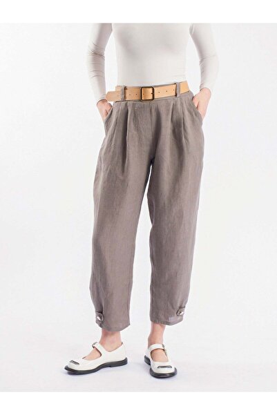 byözlemyazan Cuffed Button Detailed Belted Linen Trousers
