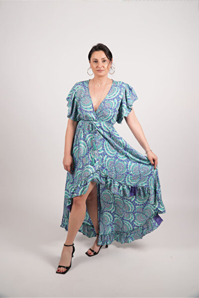 LaraLisa 70% Silk 30% Viscose Deep V-Neck Front Flounce Tie-Waist Women's Sum...