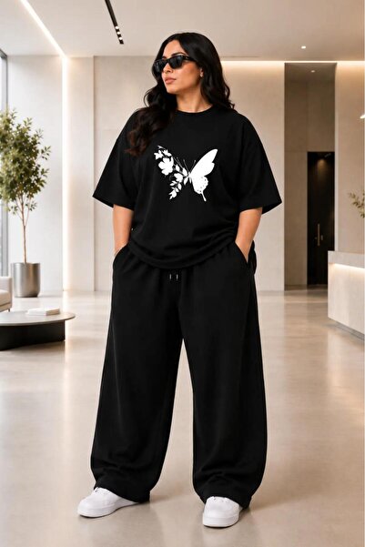 Kadın Büyük Beden Oversize Kelebek Baskılı 2'li Eşofman Takımı Rahat Pamuklu Kalıp Günlük Streetwear Bordo XL 2XL 3XL 4XL 5XL 6XL 7XL 8XL 9XL
