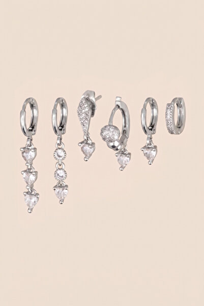 Hetra Silver Colored Zircon Stone Heart Figured Long Dangle Earrings Set of 6