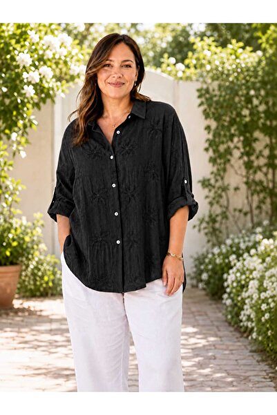 Butik Şans Women's Oversized Italian Shirt with Stripe Embroidery Detail