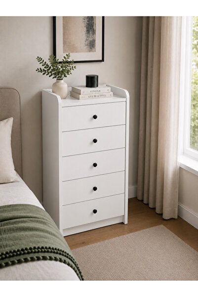 GaniHome Asya 5 Çekmeceli Şifonyer Beyaz Modern Yatak Odası Dolabı