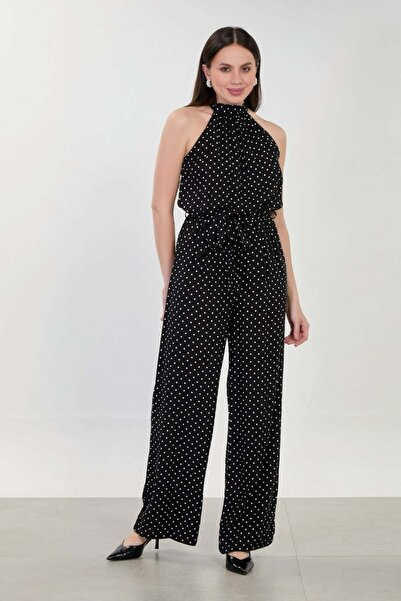 BARRELS AND OIL Women's Halter Neck Polka Dot Jumpsuit - Black
