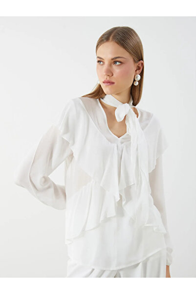 LC Waikiki White Tie-Neck Women's Blouse