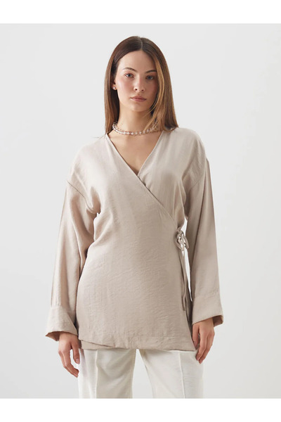 LC Waikiki Beige Double Breasted Collar Textured Blouse