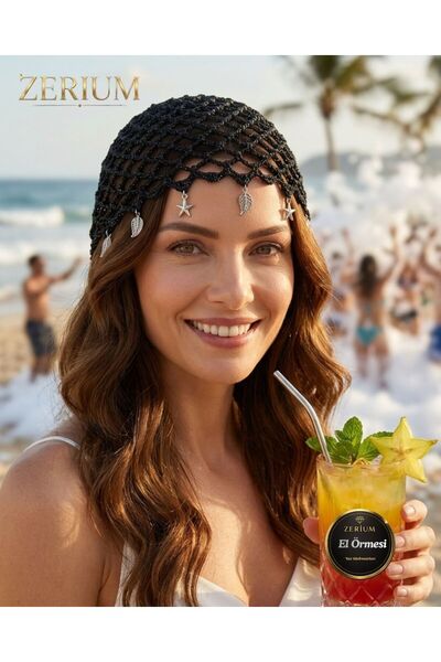 ZERİUM Handmade Women's Knitted Bohemian Hat Beach Club Style Jet Black with ...