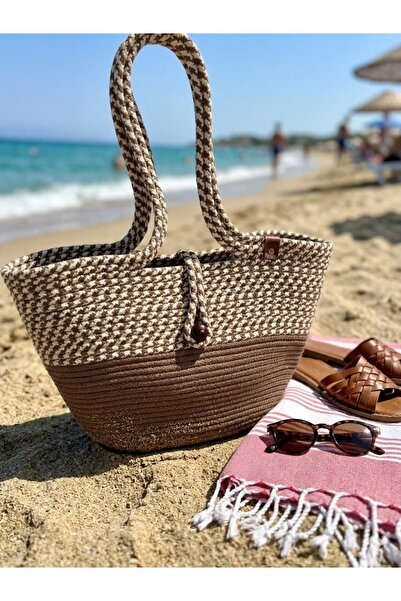 lady special Front Single Button Straw Bag Brown & Cream