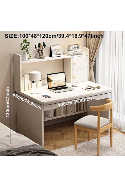 HI-FINE 100cm All-in-One Computer Desk with Hutch Bookshelf, Multi Storage Drawers & Closed Cabinet, Curved Anti-Collision Knee Space,For Teens and Adults