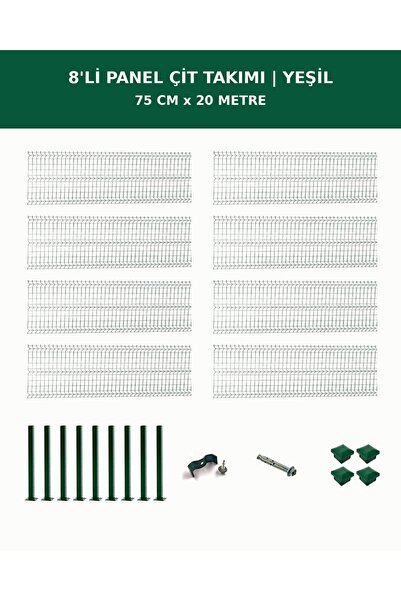 DİĞER1111 8'li Panel Çit Takım + 1 Direk 20 Metre 75cm Yükseklik Yeşil Renk