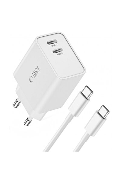 Tech-Protect Încărcător de rețea cu cablu USB-C C35W, 35W, 3A, 2 x USB-C, Alb