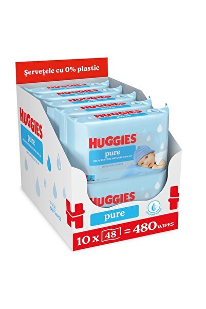 Huggies Μεγάλη Συσκευασία Υγρά Μαντηλάκια Pure, Χωρίς Πλαστικό, 10 συσκευασίε...