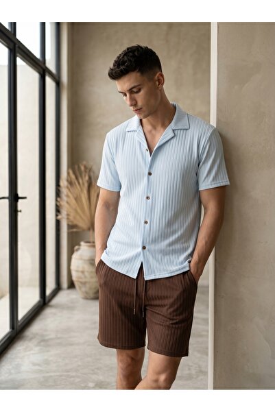 Altamira Men's Summer Short Sleeve Shirt Shorts Set Baby Blue-Brown