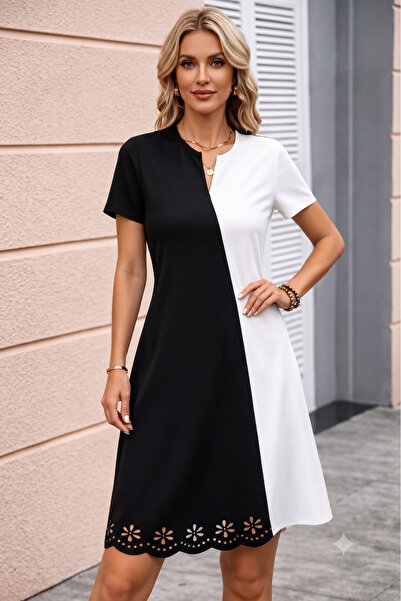 Viyamo New Season Women's Short Sleeve V-Neck Double Color Short Laser Cut Fl...