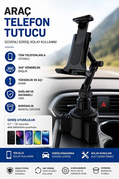kawigo Araç İçi Bardaklık Telefon Tutucu | 360° Dönebilen Ayarlanabilir Universal Telefon Standı