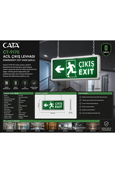 Cata CT-9170 Şarjlı Acil Çıkış Levhası Emergency Exit Sign LED Acil Yönlendir...