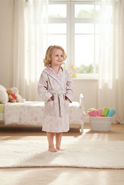 Lasilla 3 Layer Jacquard Muslin Children's Bathrobe 100% Cotton Hooded Pink L...