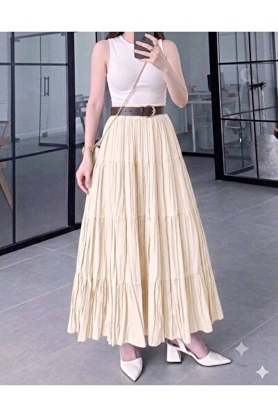 QUAWEAR Layered Tencel Crinkle Skirt with Elastic Waistband