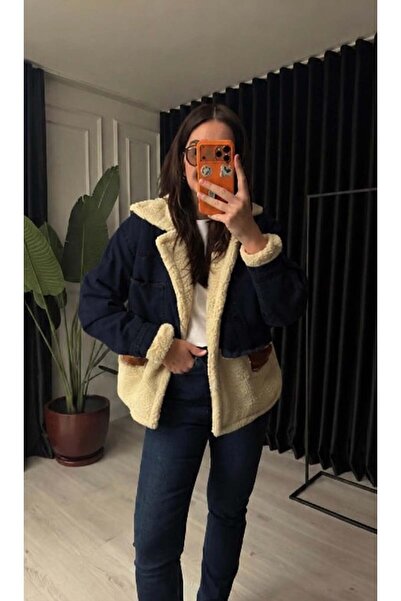 begum mayda Orijinal Model , Jean & Süet Detaylı , Lacivert Mont