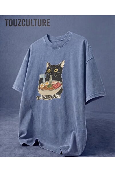 Toum Touz Culture Cat Printed Washable Vintage Unisex Oversize T-Shirt