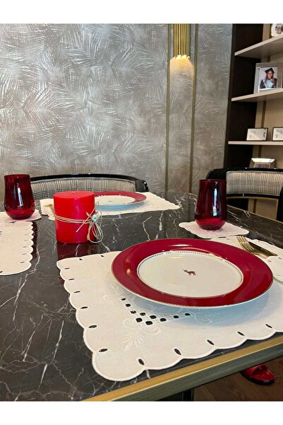 Tropikhome Brode Nakışlı 25 Parça Keten Efektli Çeyizlik Amerikan Servis Sofra ve Salon Takımı