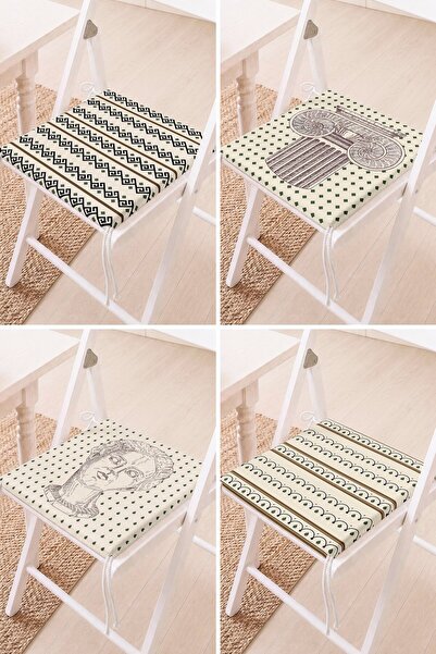 Home Set of 4 Vintage Drawing Figures and Patterned Beige Green Lace-Up Chair...