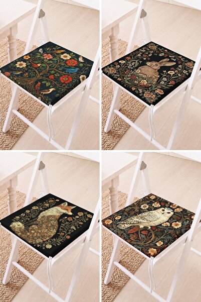 Home Set of 4 Black Floor Chair Cushions with Rabbit, Bird and Flower Pattern...