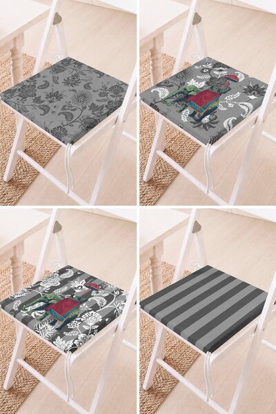 Home Set of 4 Gray Floor Flower and Parrot Patterned Lace-Up Chair Cushions