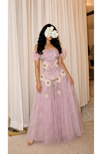 led style 3D Flower Embroidery Tulle Evening Dress Fabric