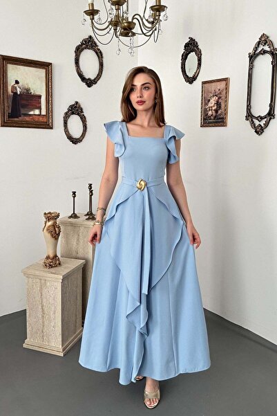 Elbee Fashion Woman Μακρύ φόρεμα με βολάν και μπλε ζώνη