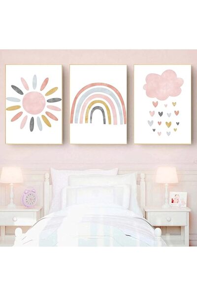 ESSESORIES Nursery Pink Sunshine Rainbow Cloud Child Aesthetic Poster Wall Ar...